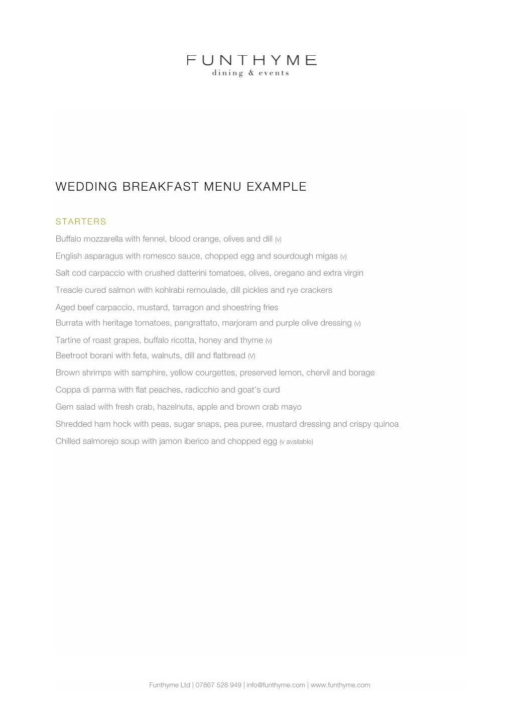 Wedding Breakfast Menu Example