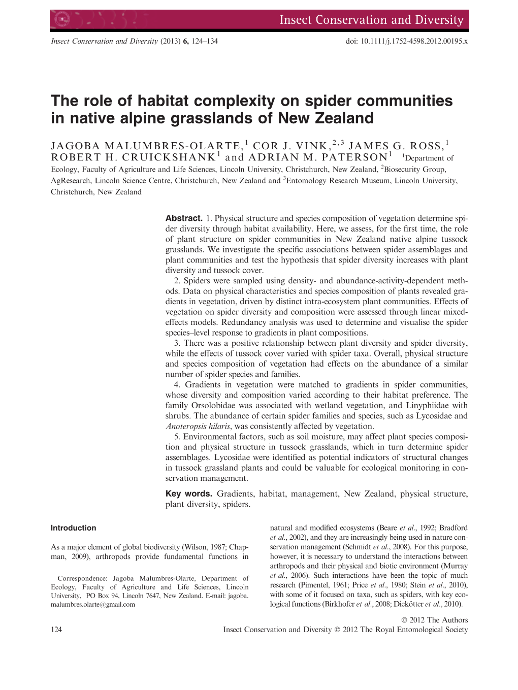 The Role of Habitat Complexity on Spider Communities in Native Alpine Grasslands of New Zealand