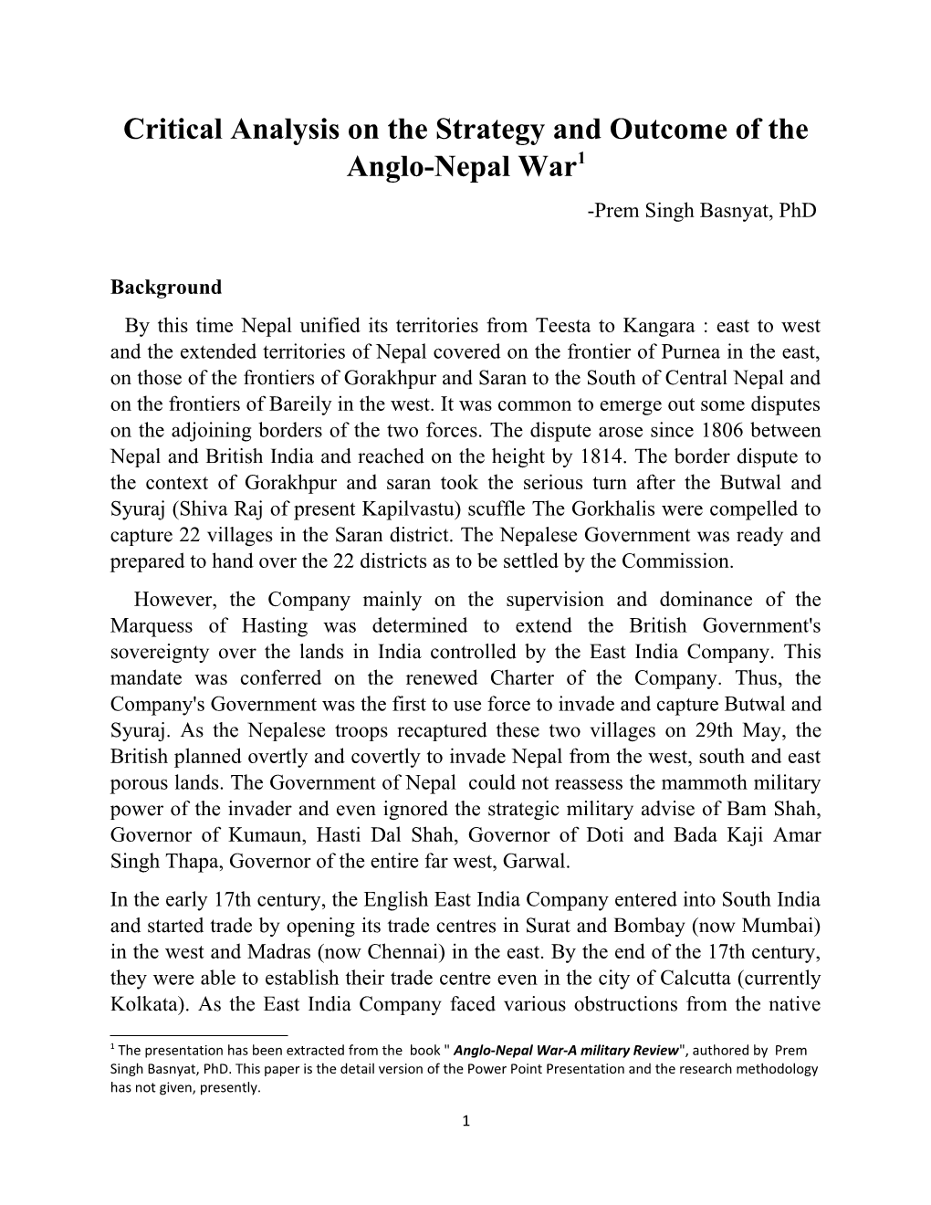 Critical Analysis on the Strategy and Outcome of the Anglo-Nepal War 1