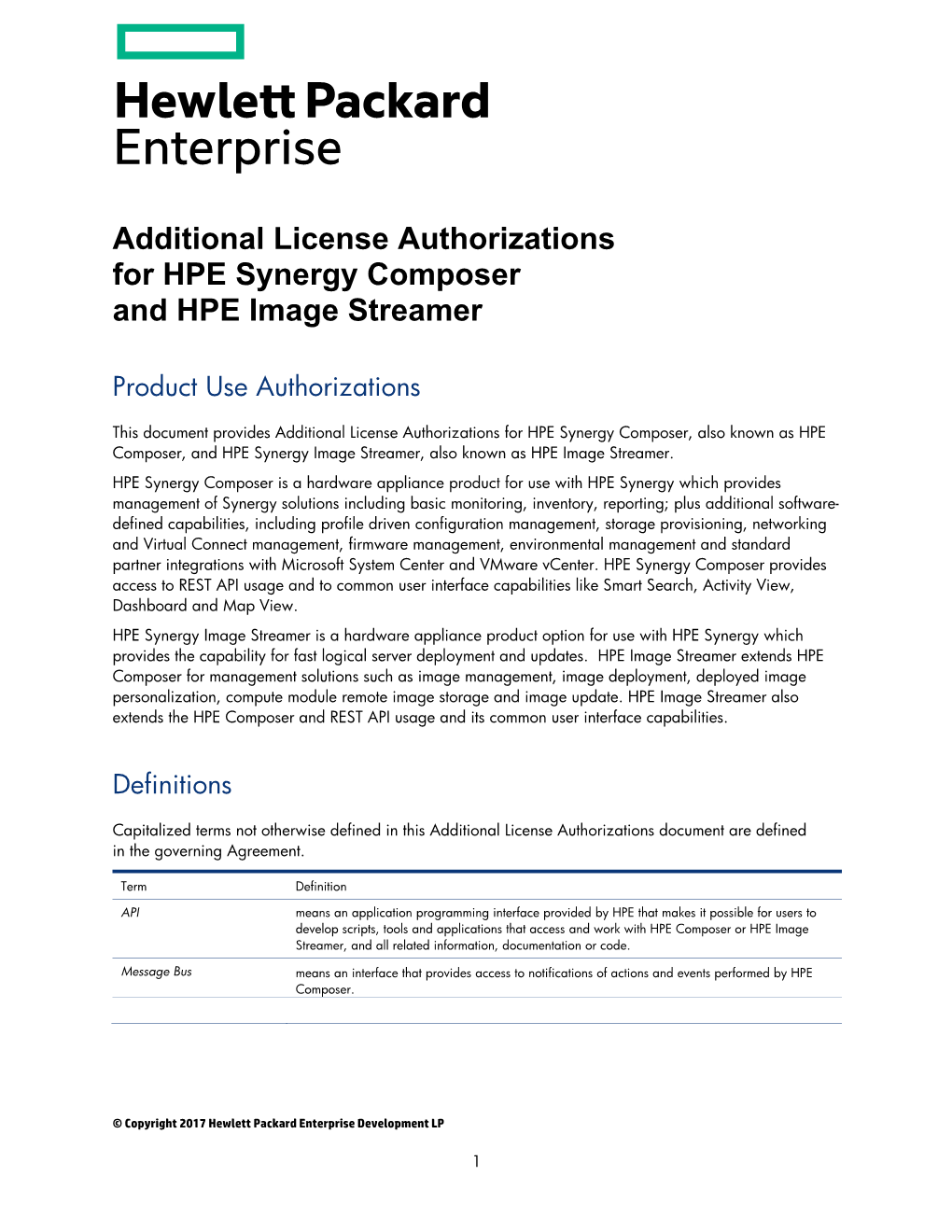 Additional License Authorizations for HPE Synergy Composer and HPE Image Streamer