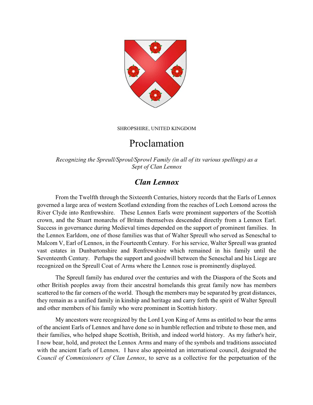 Proclamation Recognising Spreull Family 2020 Connection