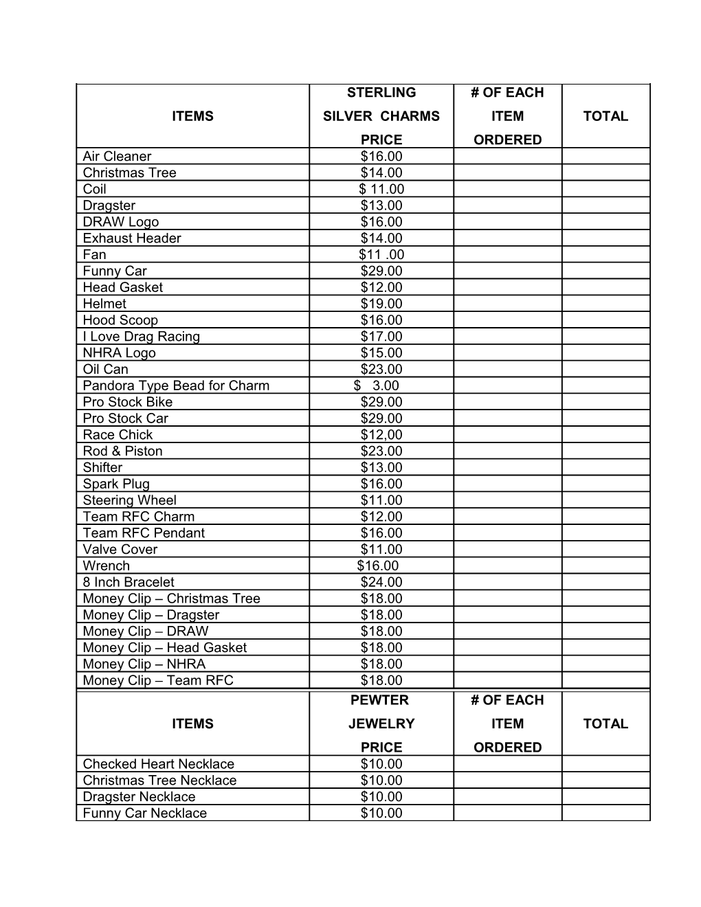 Draw Jewelry Order Form