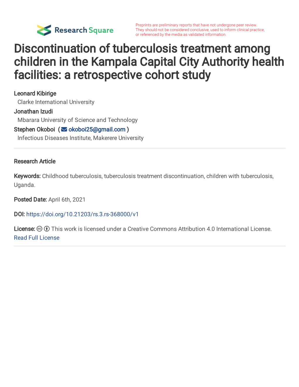 Discontinuation of Tuberculosis Treatment Among Children in the Kampala Capital City Authority Health Facilities: a Retrospective Cohort Study