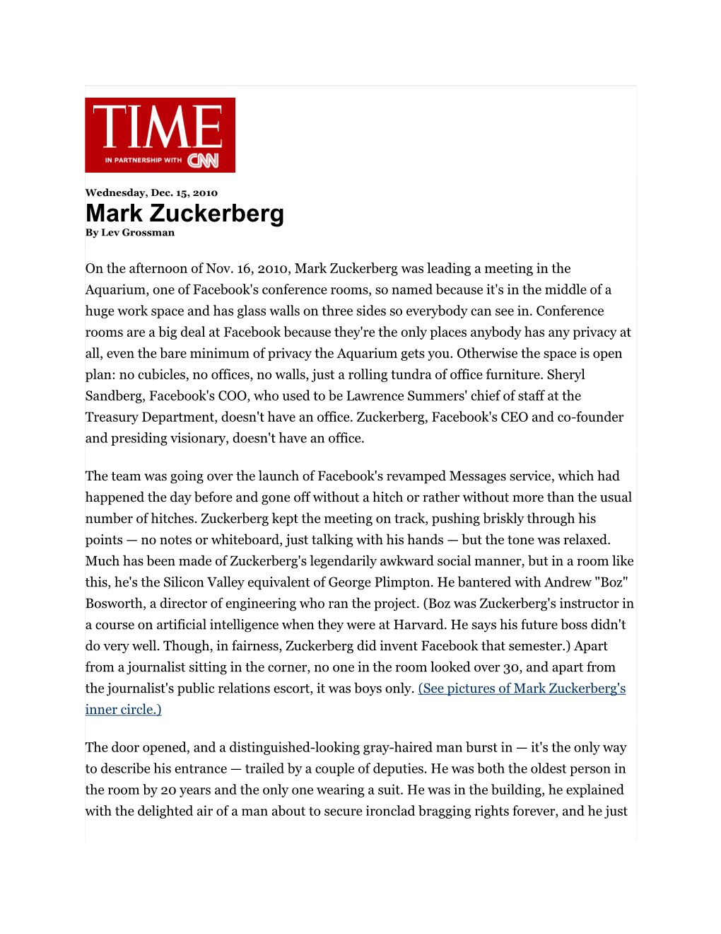 Mark Zuckerberg -Person of the Year 2010- Printout