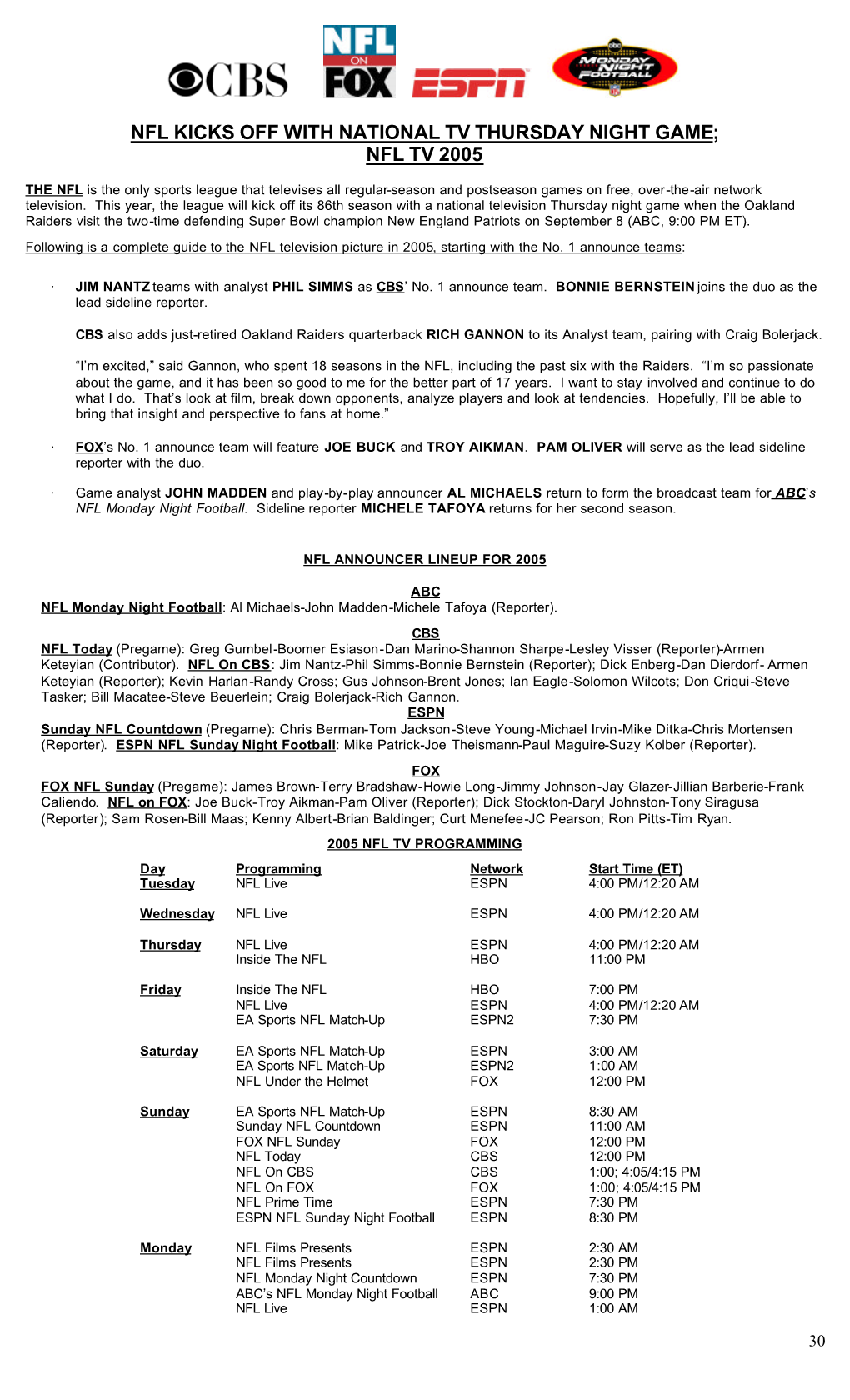 2005 Nfl Tv Programming