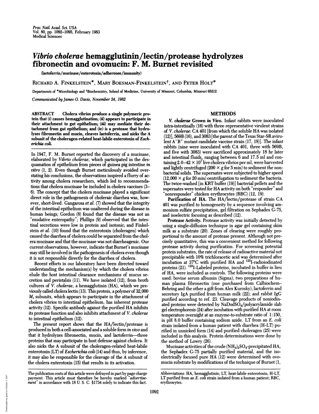 Vibrio Cholerae Hemagglutinin/Lectin/Protease Hydrolyzes Fibronectin and Ovomucin: F