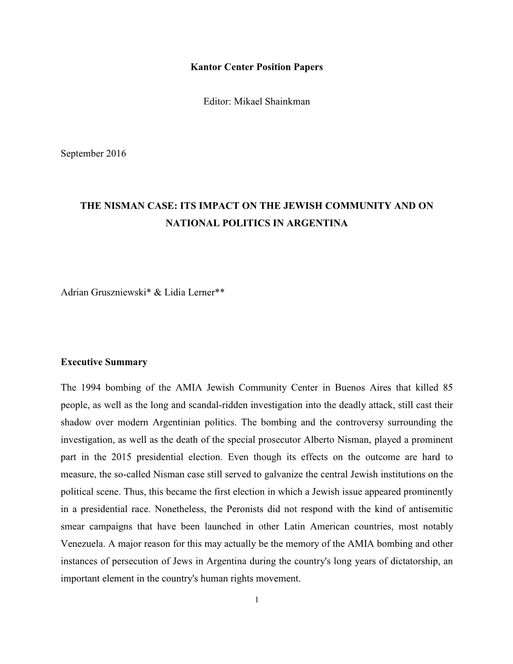 The Nisman Case: Its Impact on the Jewish Community and on National Politics in Argentina