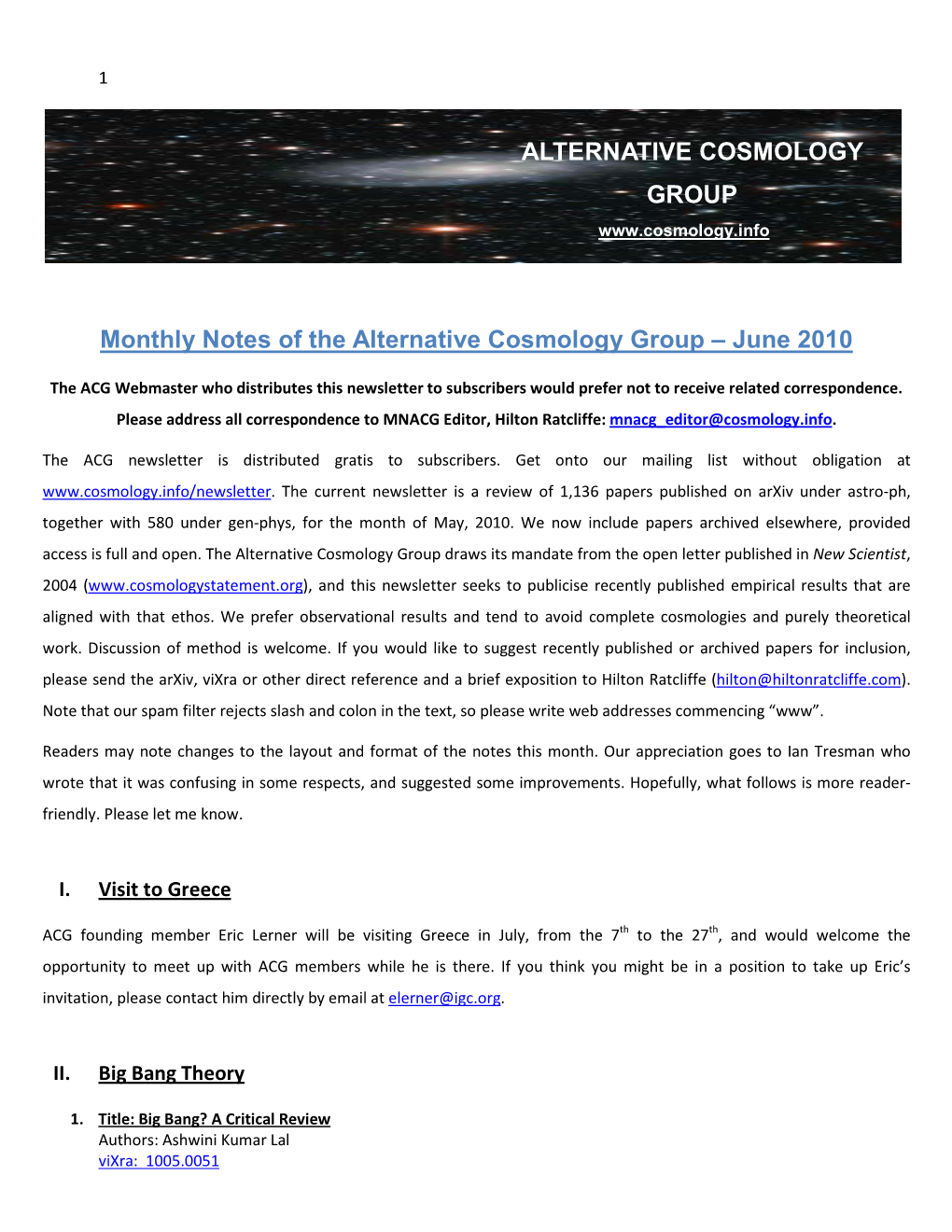 Monthly Notes of the Alternative Cosmology Group – June 2010