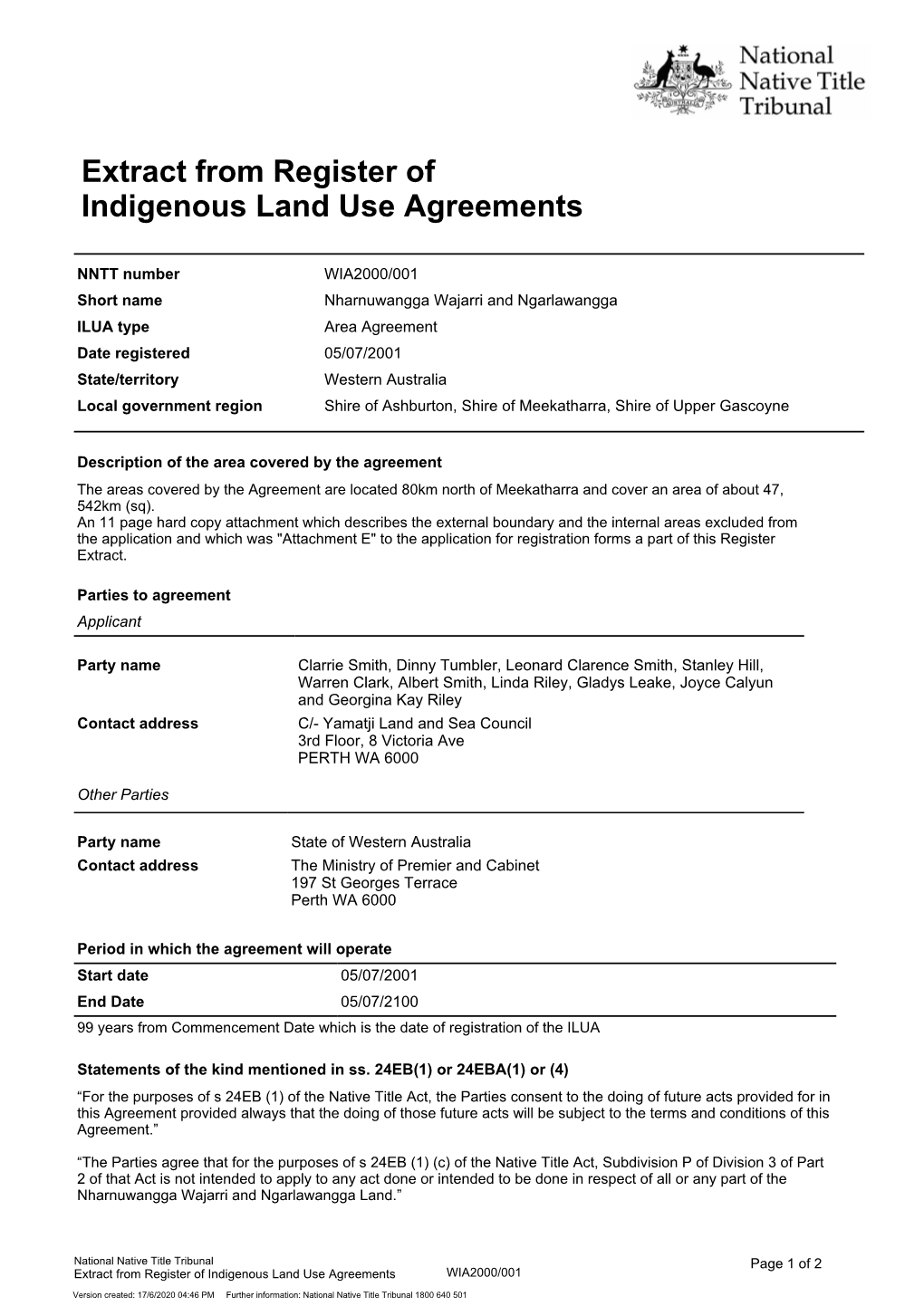 Extract from Register of Indigenous Land Use Agreements