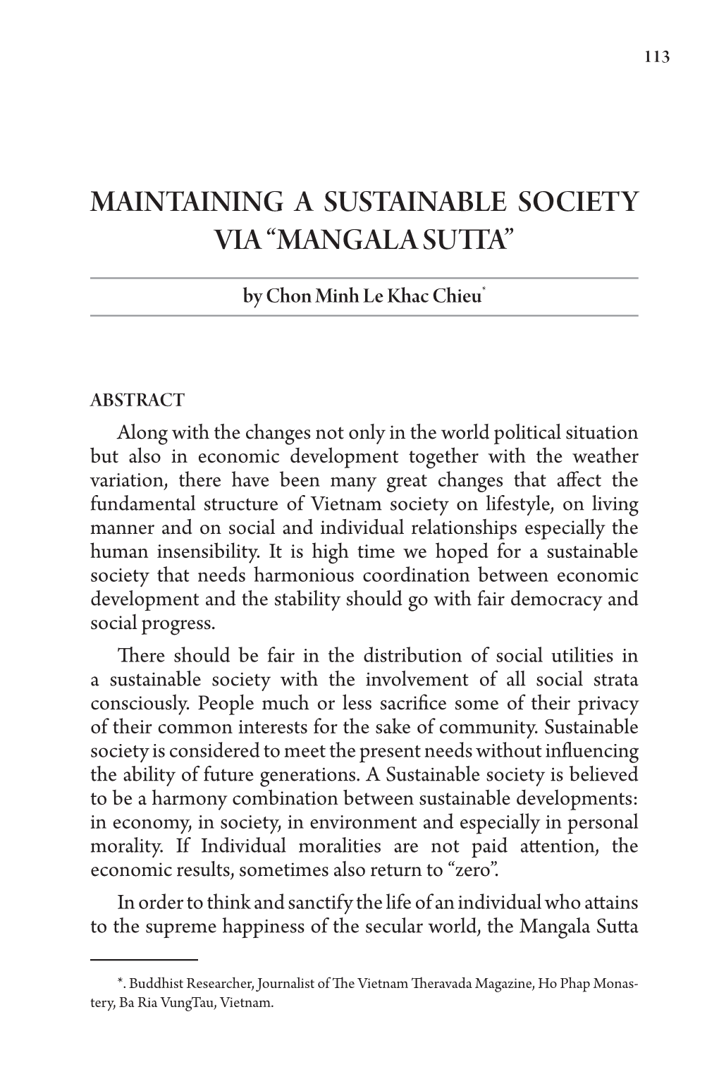 Maintaining a Sustainable Society Via “Mangala Sutta”