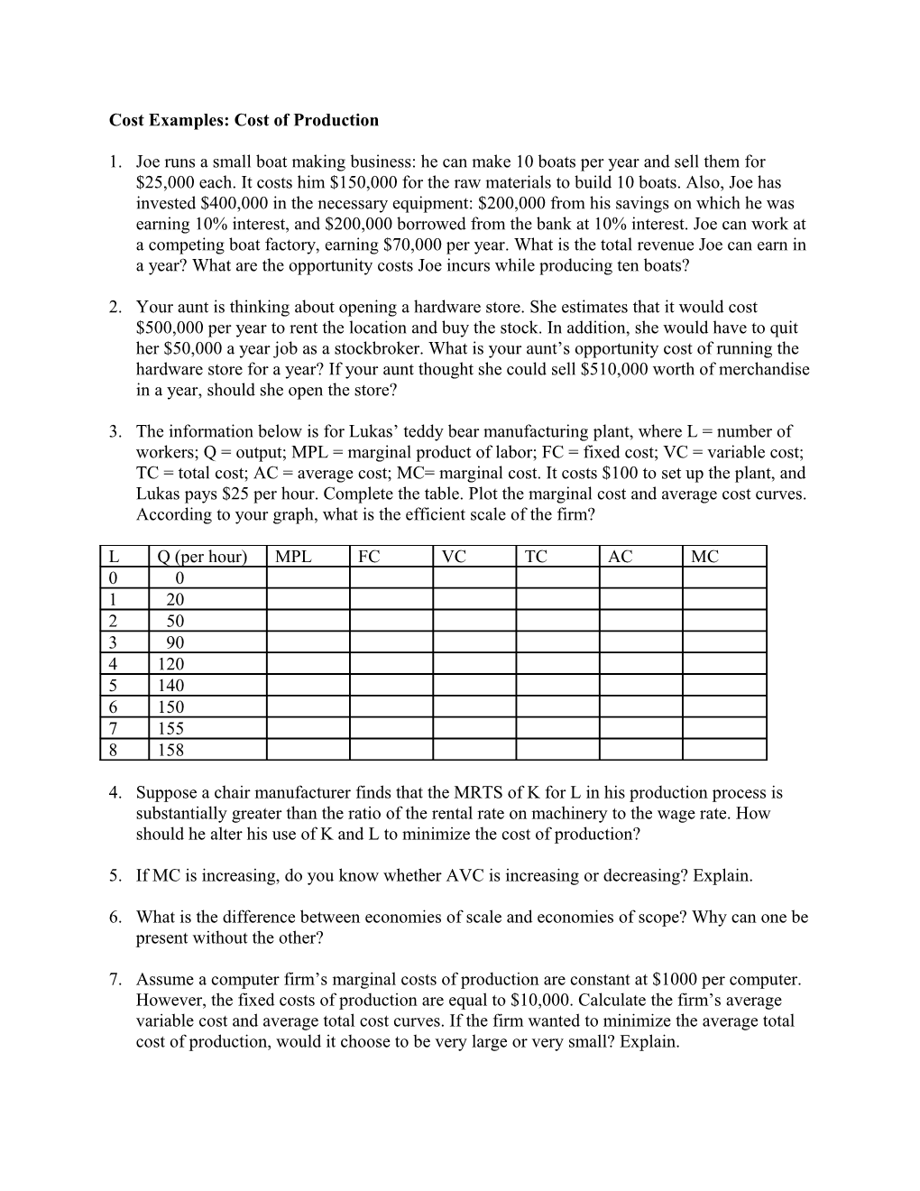 Cost Examples: Cost of Production