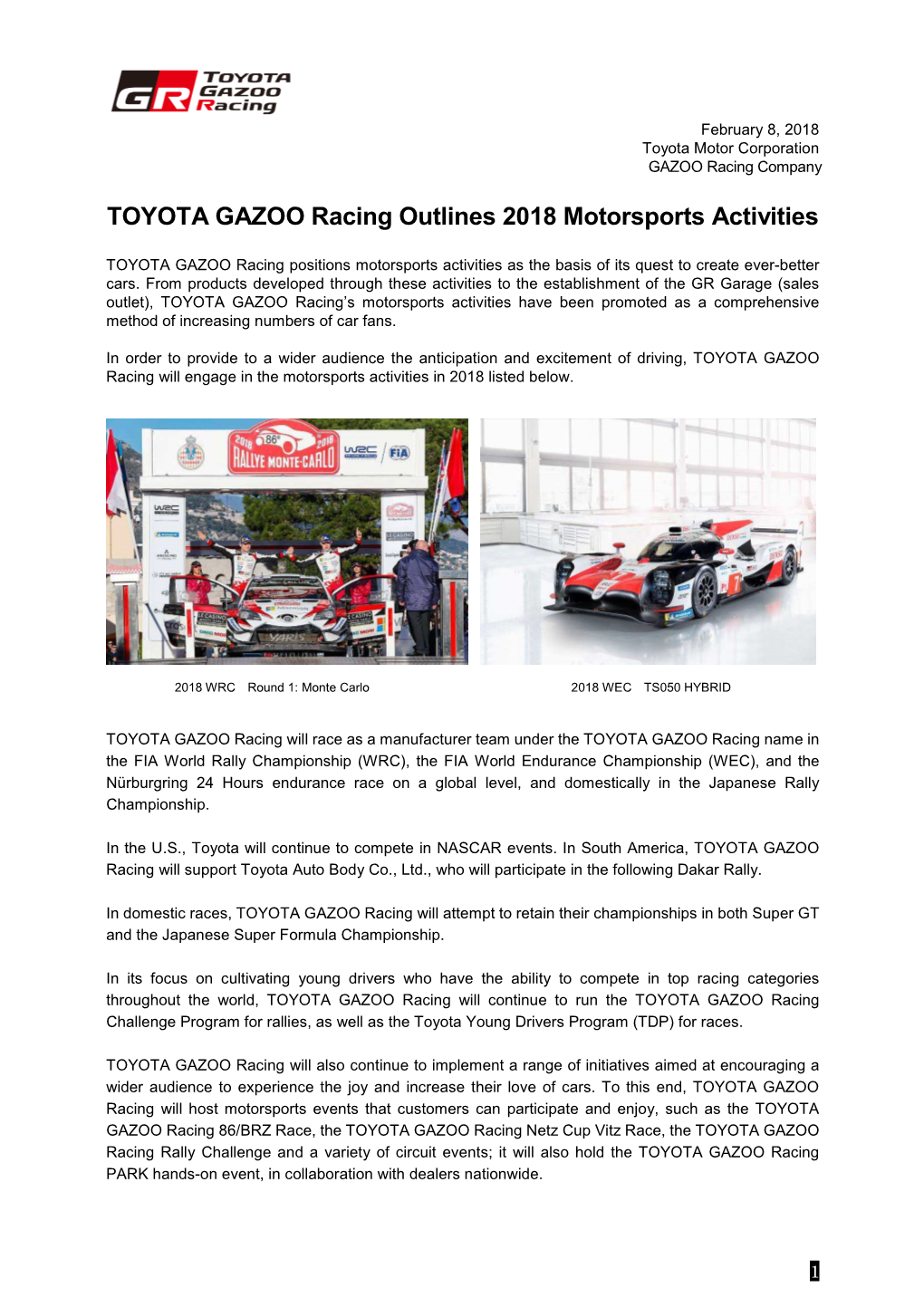 TOYOTA GAZOO Racing Outlines 2018 Motorsports Activities