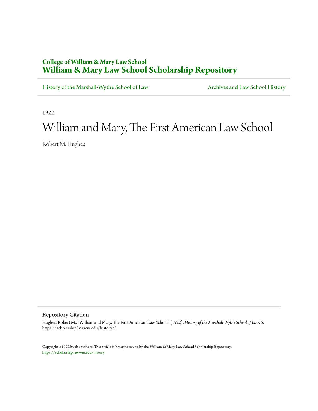 William and Mary, the First American Law School