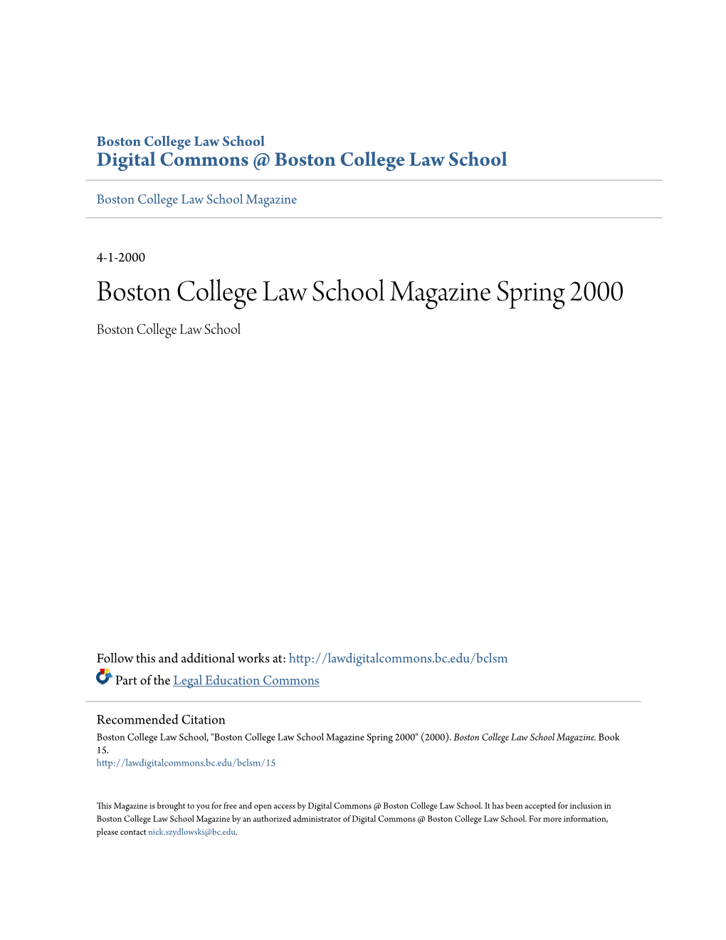 Boston College Law School Magazine Spring 2000 Boston College Law School