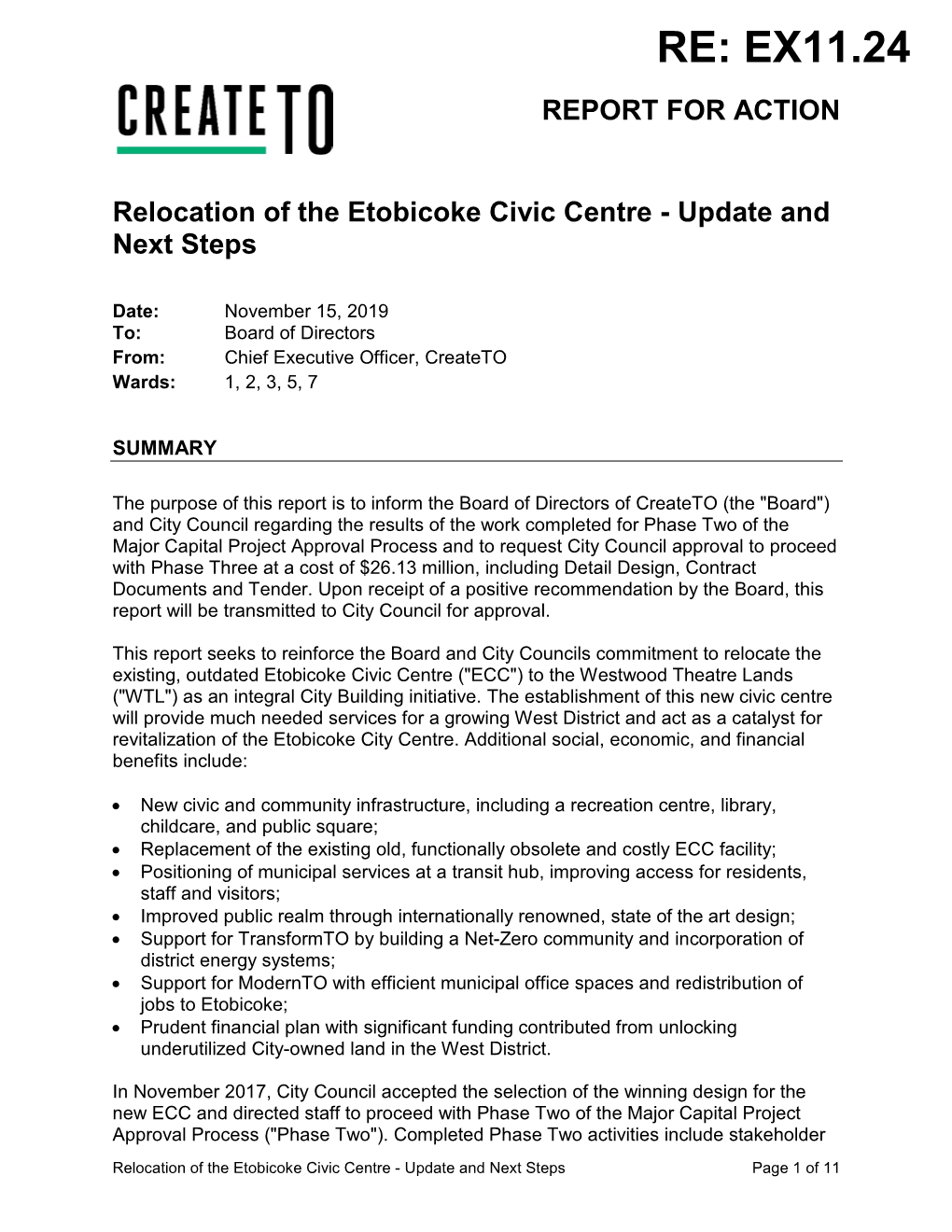 Relocation of the Etobicoke Civic Centre - Update and Next Steps