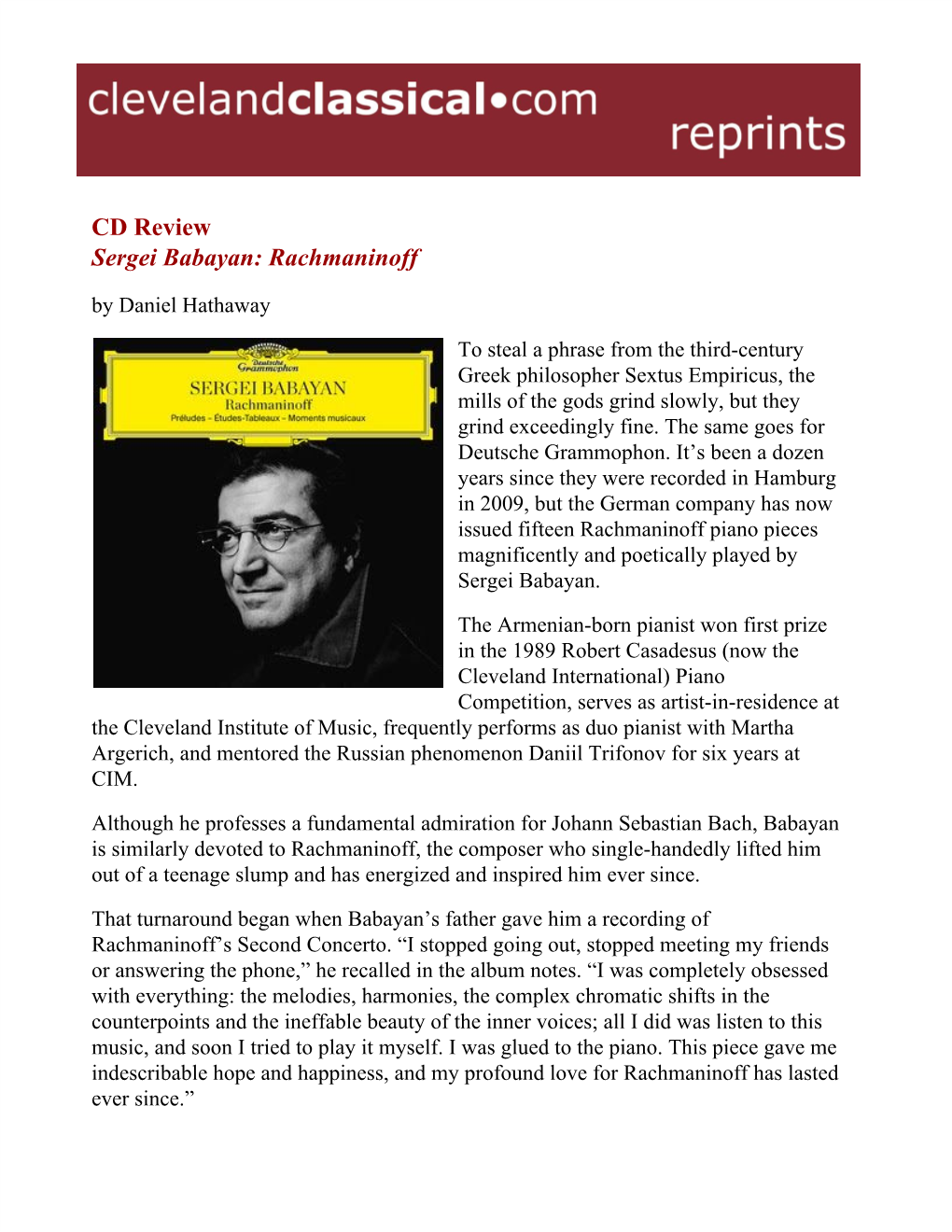 CD Review Sergei Babayan: Rachmaninoff by Daniel Hathaway