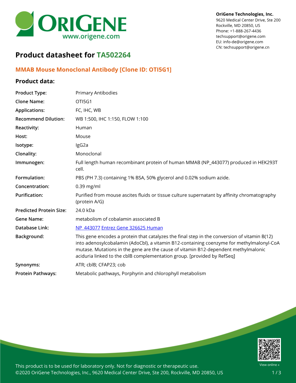 MMAB Mouse Monoclonal Antibody [Clone ID: OTI5G1] – TA502264