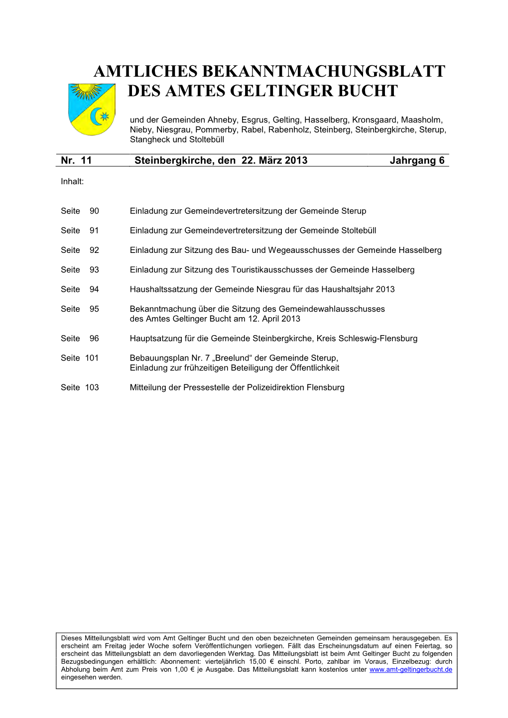 Amtliches Bekanntmachungsblatt Des Amtes Geltinger Bucht Nr. 11/2013