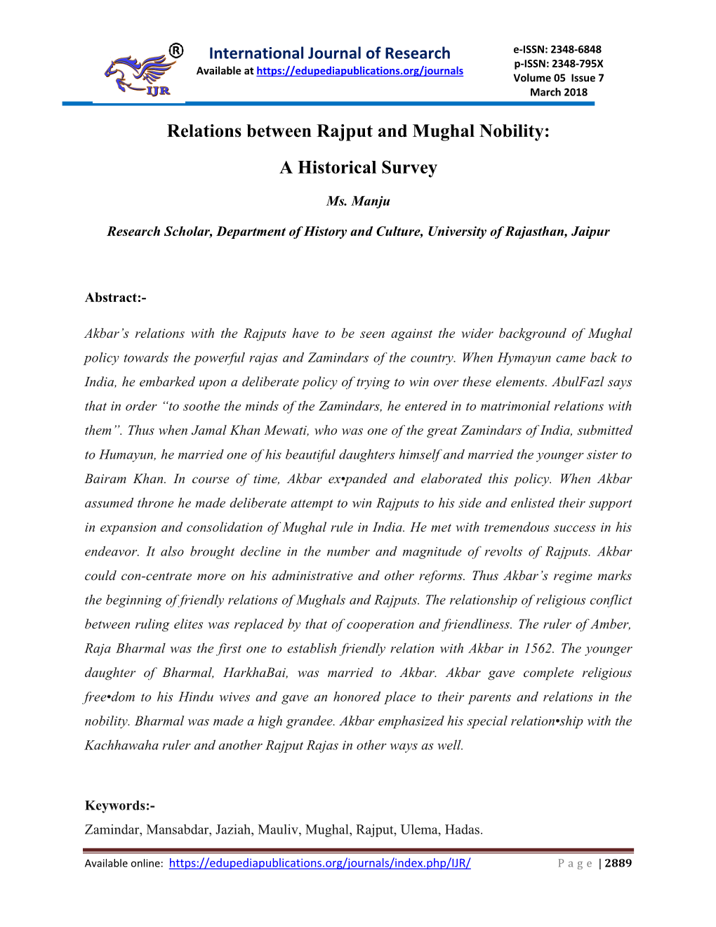 Relations Between Rajput and Mughal Nobility: a Historical Survey