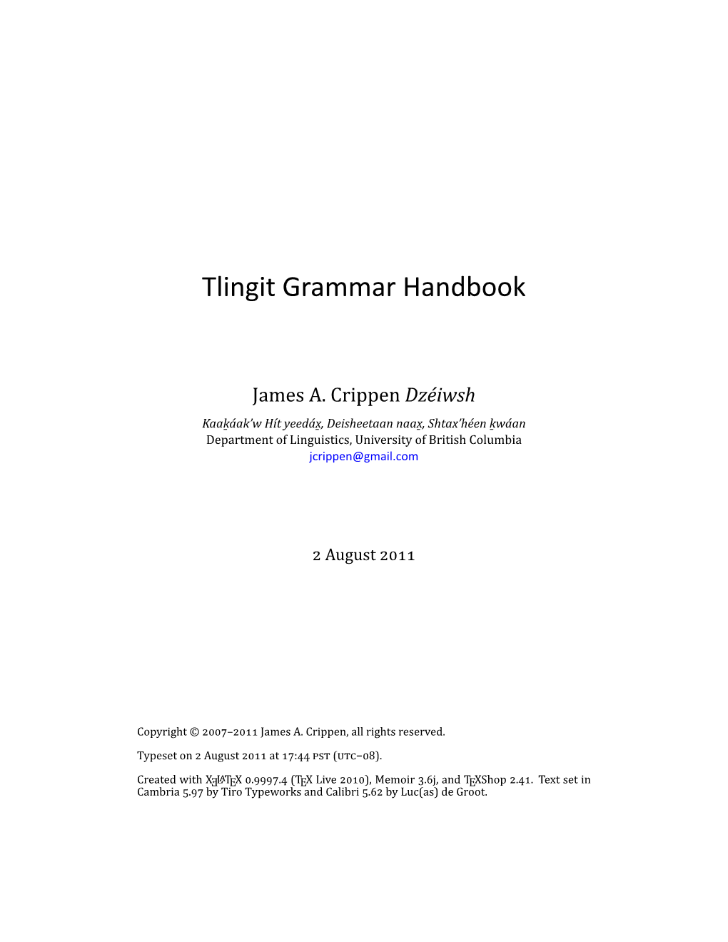 Tlingit Grammar Handbook