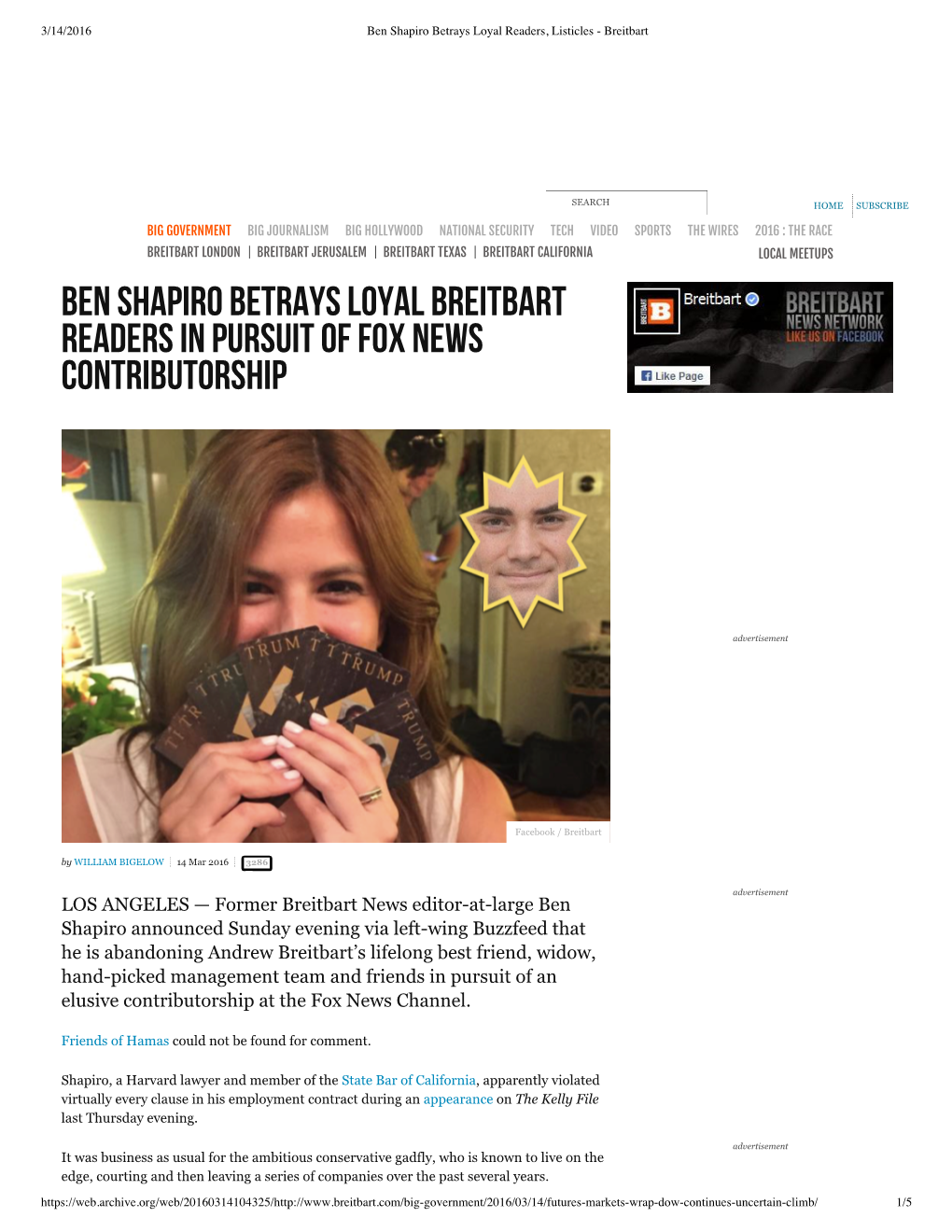 Ben Shapiro Betrays Loyal Breitbart Readers in Pursuit of Fox News Contributorship