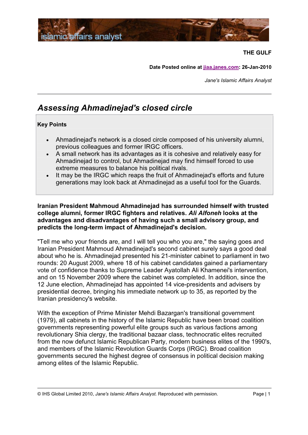 Assessing Ahmadinejad's Closed Circle