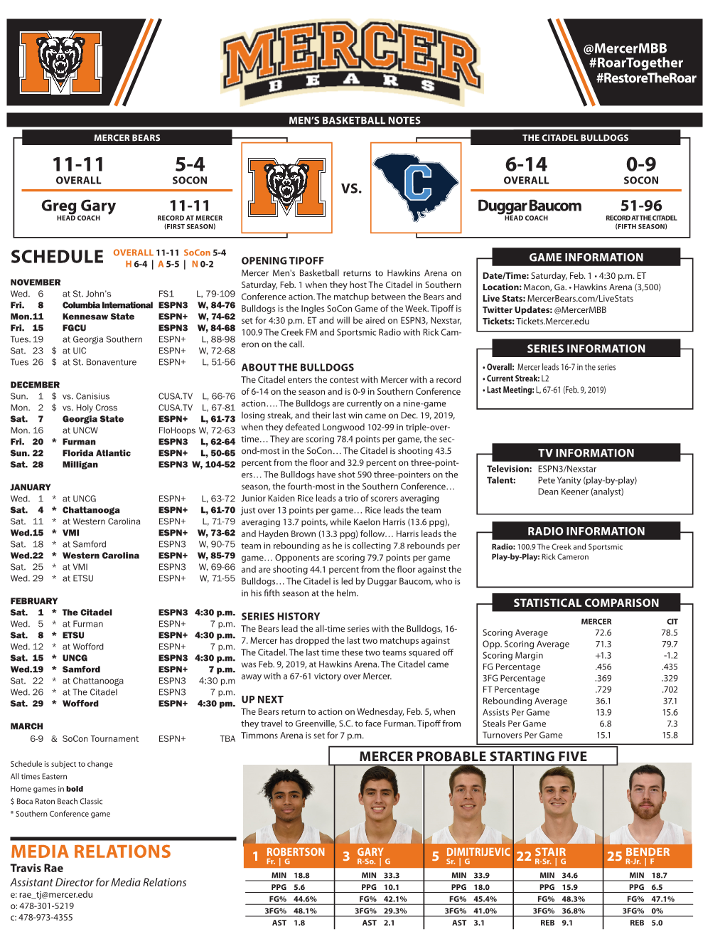 SCHEDULE OVERALL 11-11 Socon 5-4 MEDIA RELATIONS