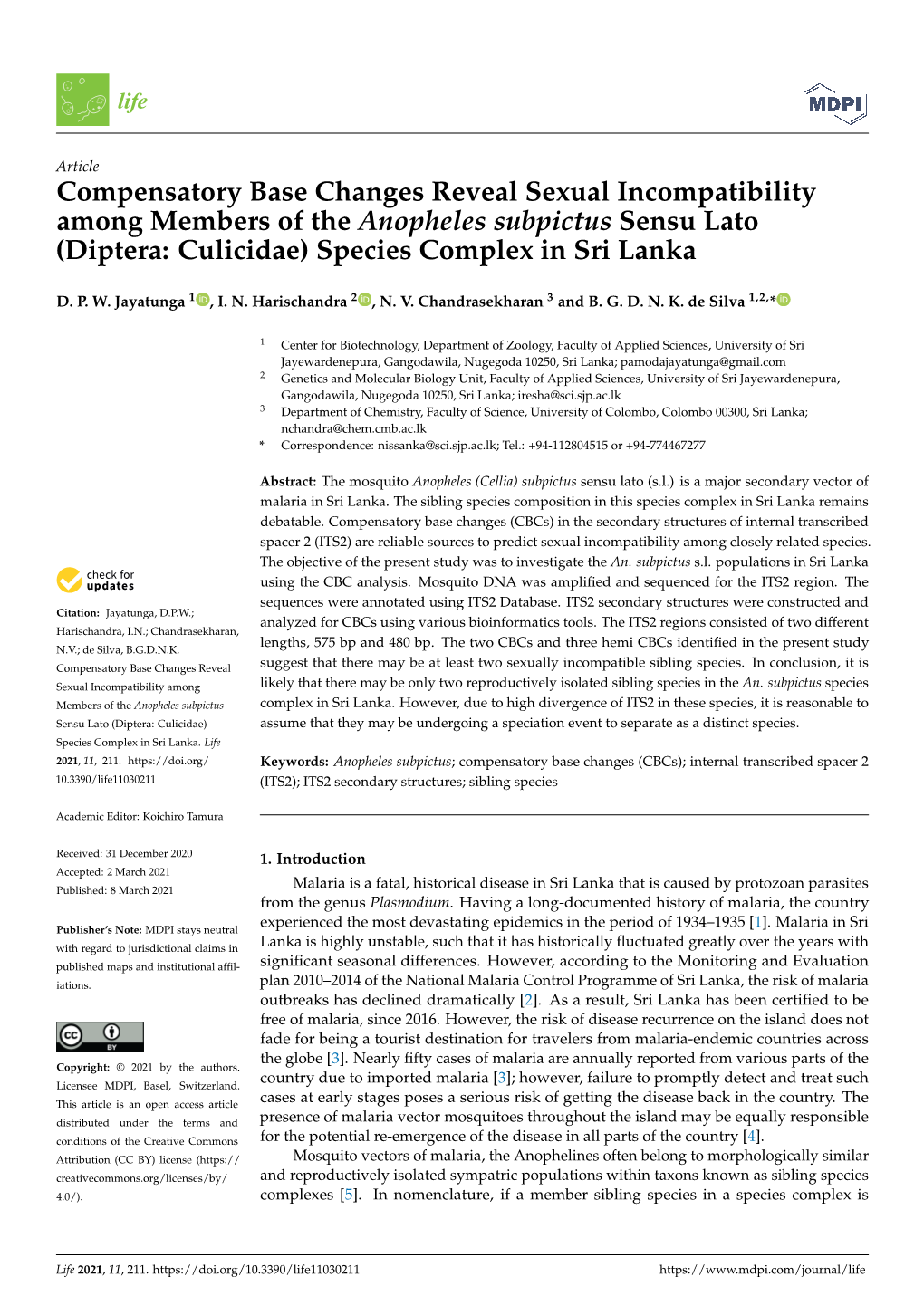 (Diptera: Culicidae) Species Complex in Sri Lanka