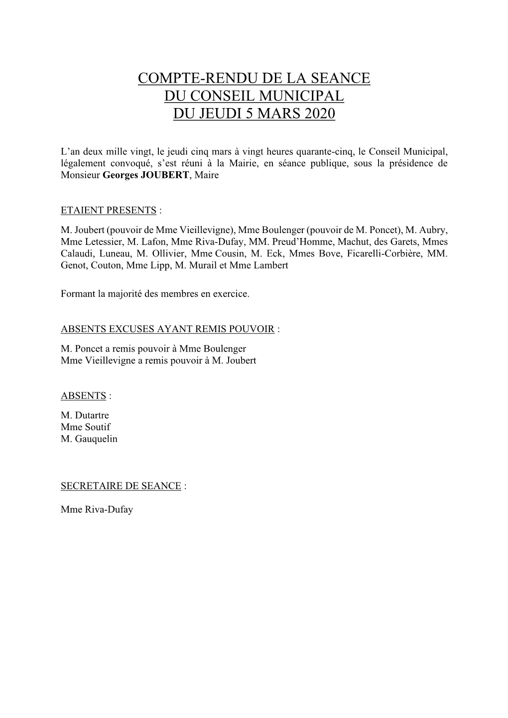 Compte-Rendu De La Seance Du Conseil Municipal Du Jeudi 5 Mars 2020