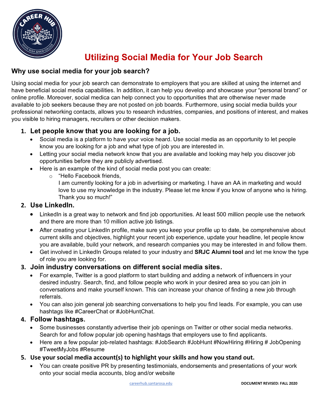 Utilizing Social Media for Your Job Search Handout