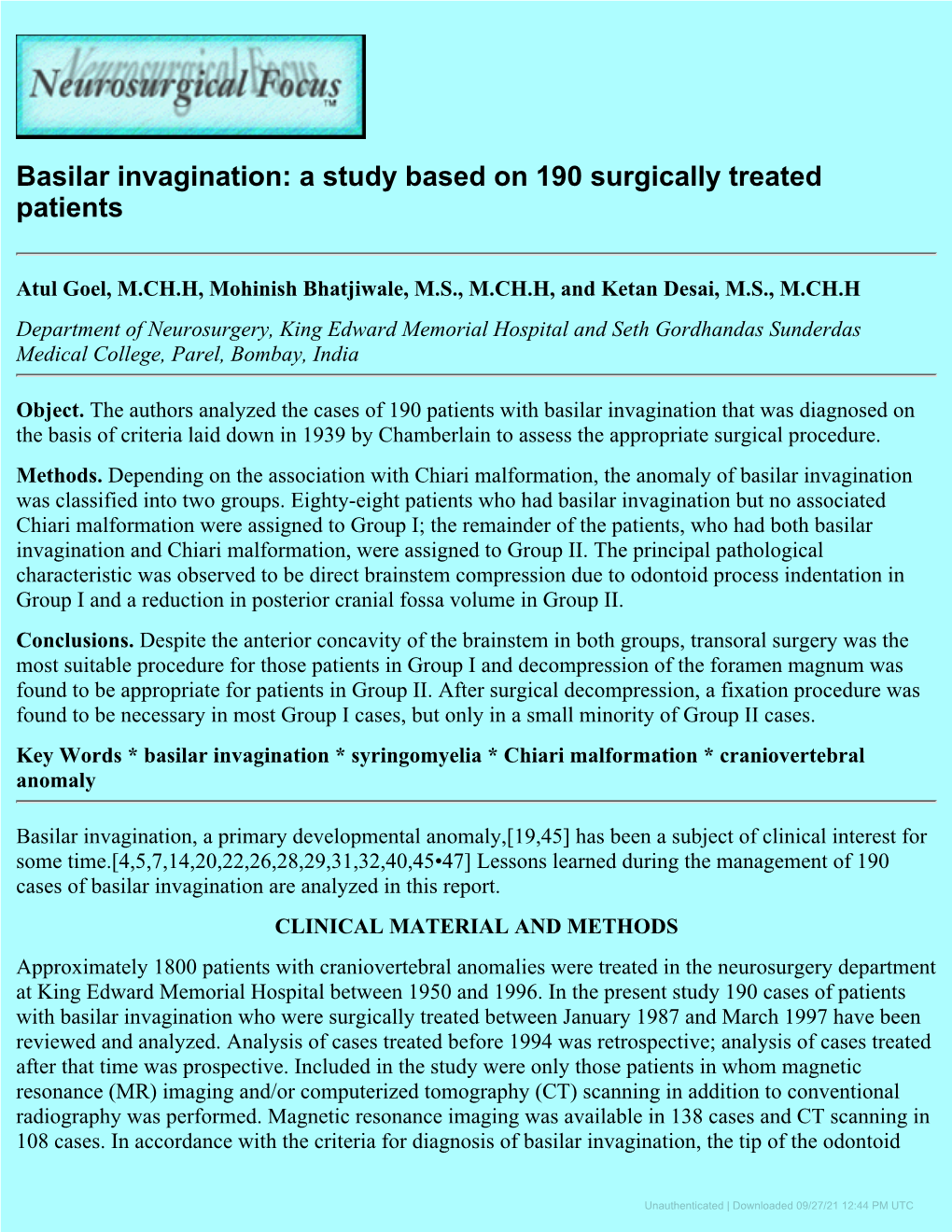 Basilar Invagination: a Study Based on 190 Surgically Treated Patients