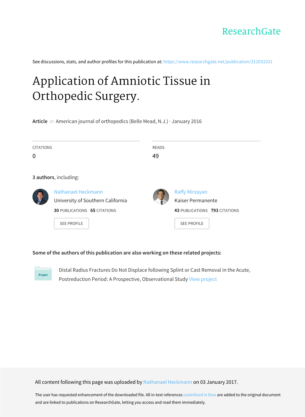 Application of Amniotic Tissue in Orthopedic Surgery