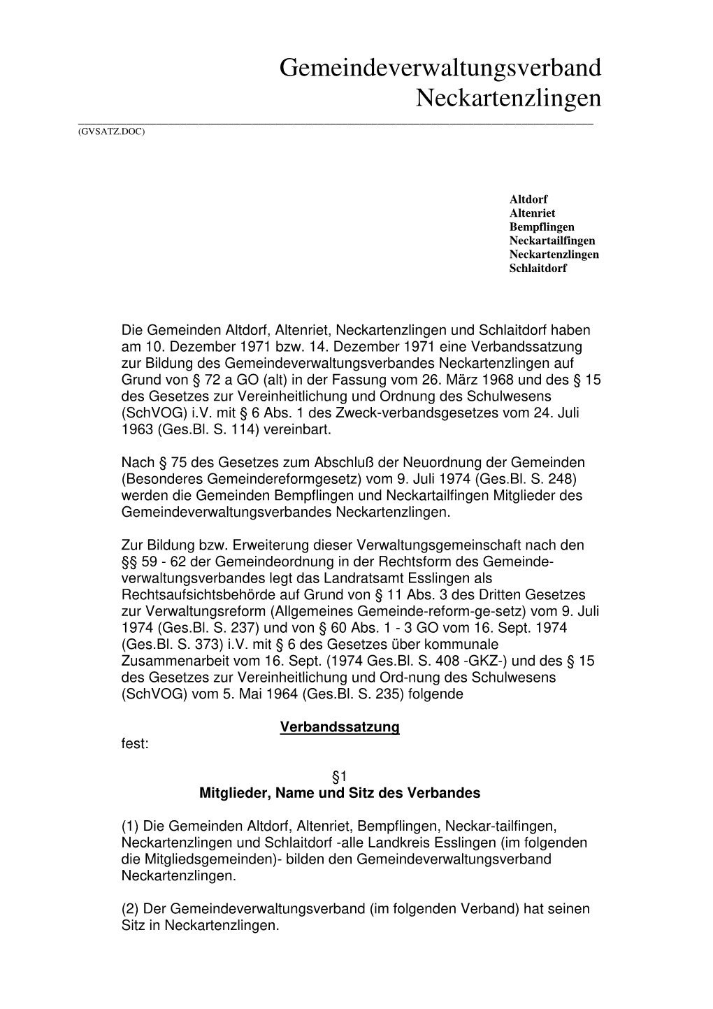 Satzung Des Gemeindeverwaltungsverbandes