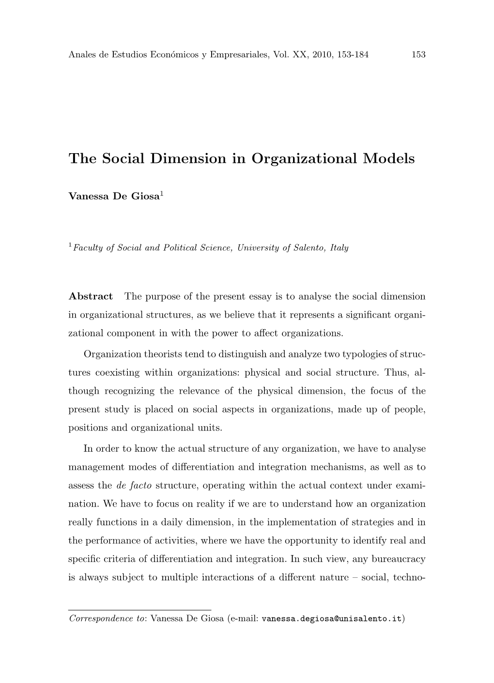 The Social Dimension in Organizational Models