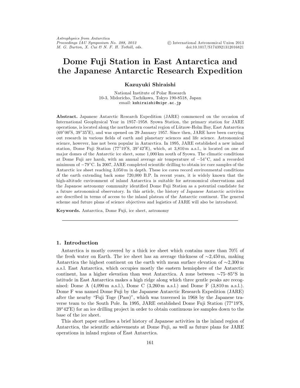 Dome Fuji Station in East Antarctica and the Japanese Antarctic Research Expedition