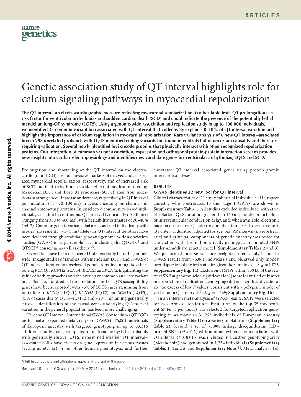 Genetic Association Study of QT Interval Highlights Role for Calcium