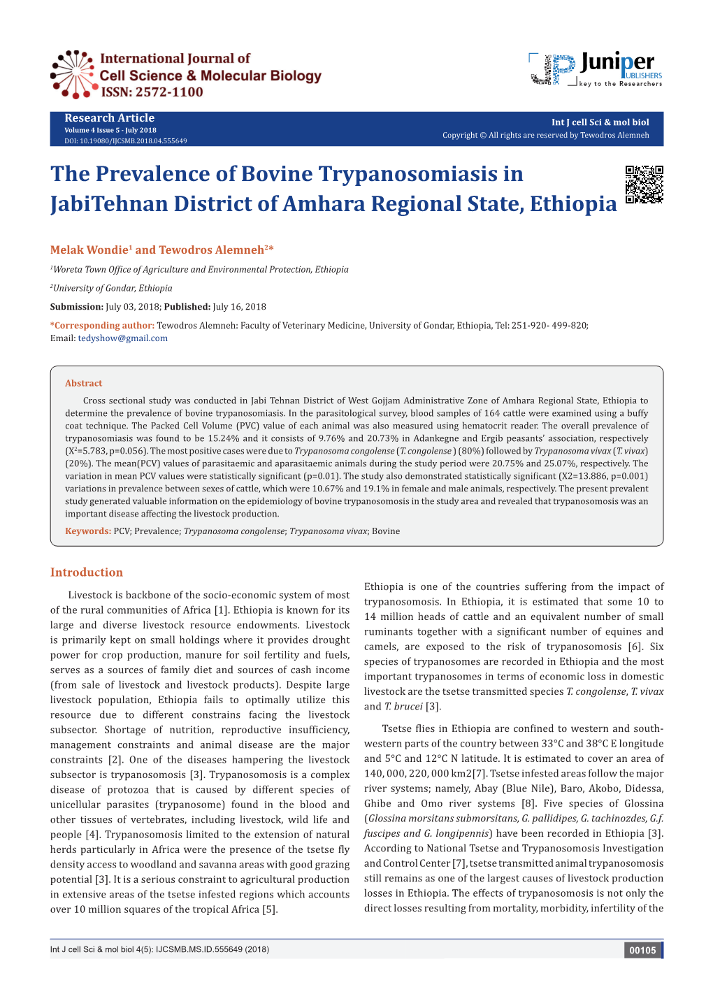 The Prevalence Study of Trypanosomosis in Jabi Tehnan