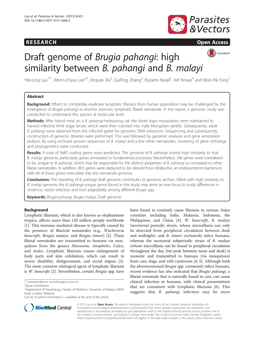Draft Genome of Brugia Pahangi: High Similarity Between B