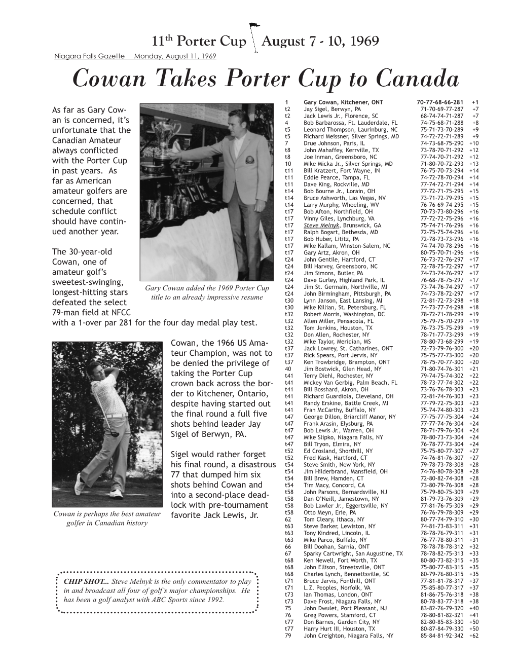 1969 Niagara Falls Gazette Monday, August 11, 1969 Cowan Takes Porter Cup to Canada