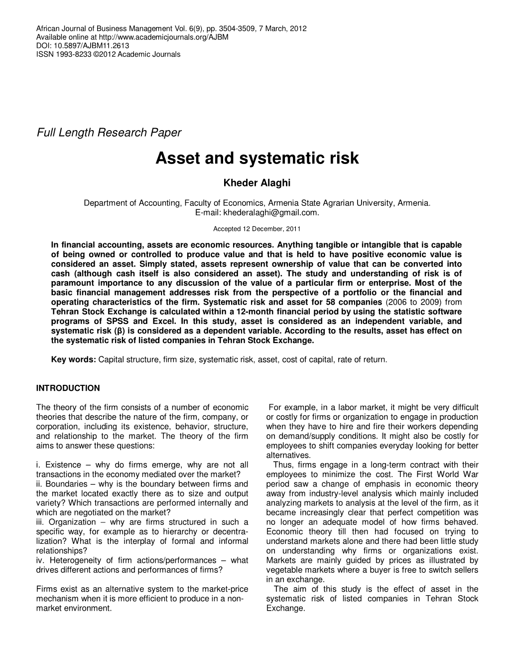 Asset and Systematic Risk