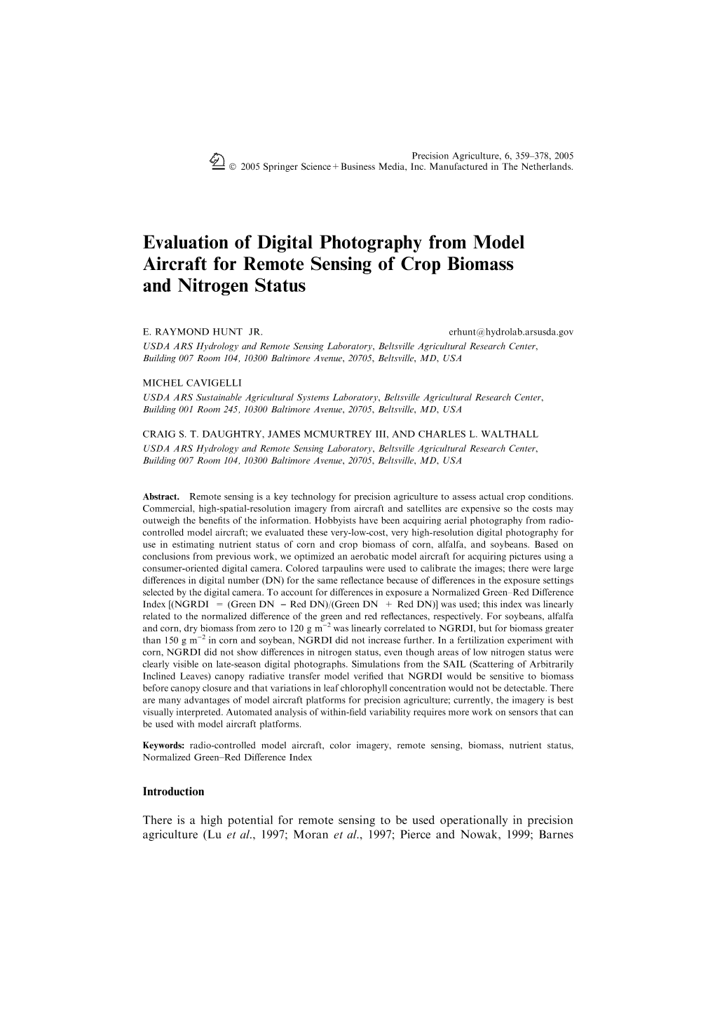 Evaluation of Digital Photography from Model Aircraft for Remote Sensing of Crop Biomass and Nitrogen Status