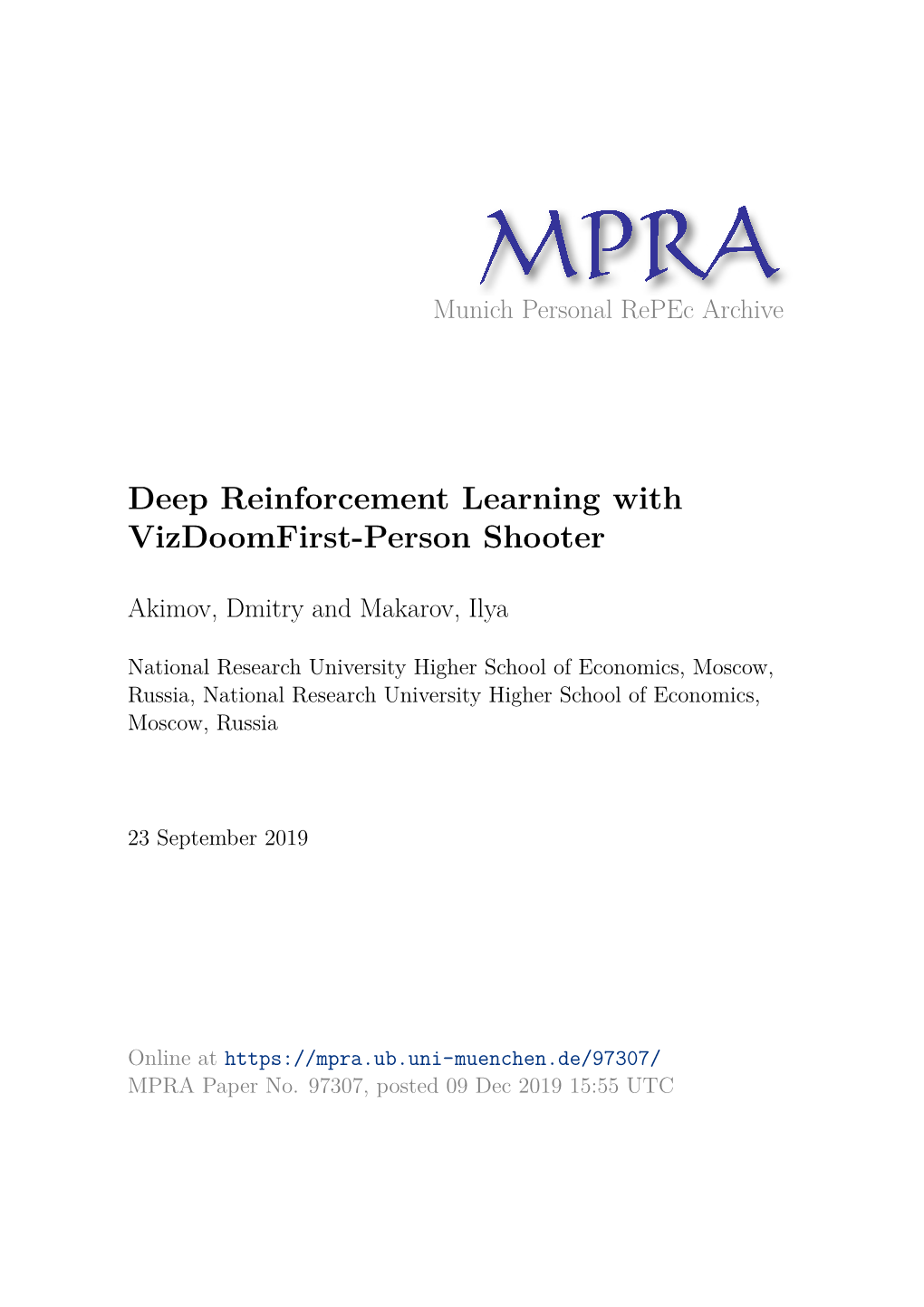 Deep Reinforcement Learning with Vizdoomfirst-Person Shooter