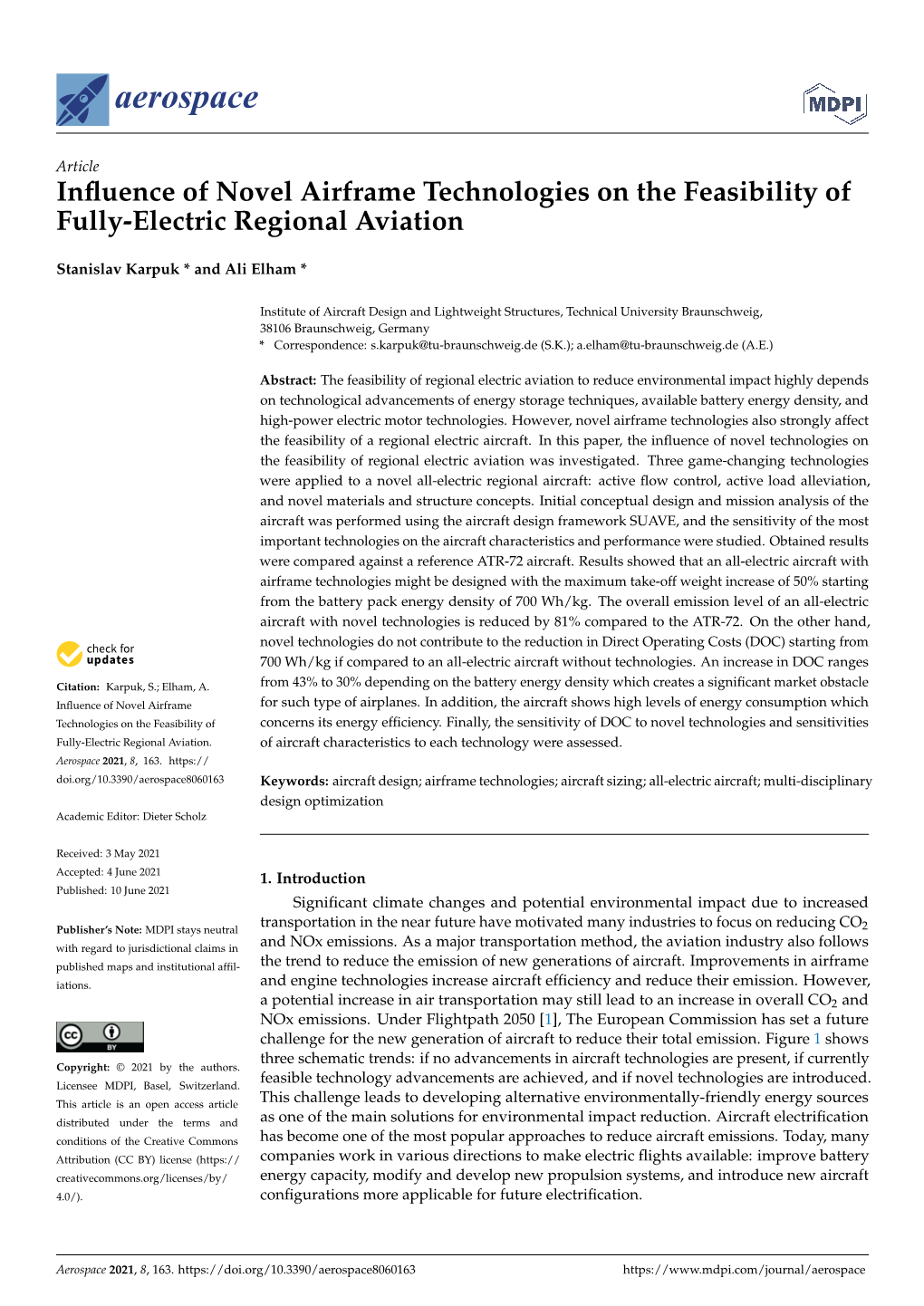 Influence of Novel Airframe Technologies on the Feasibility of Fully-Electric Regional Aviation
