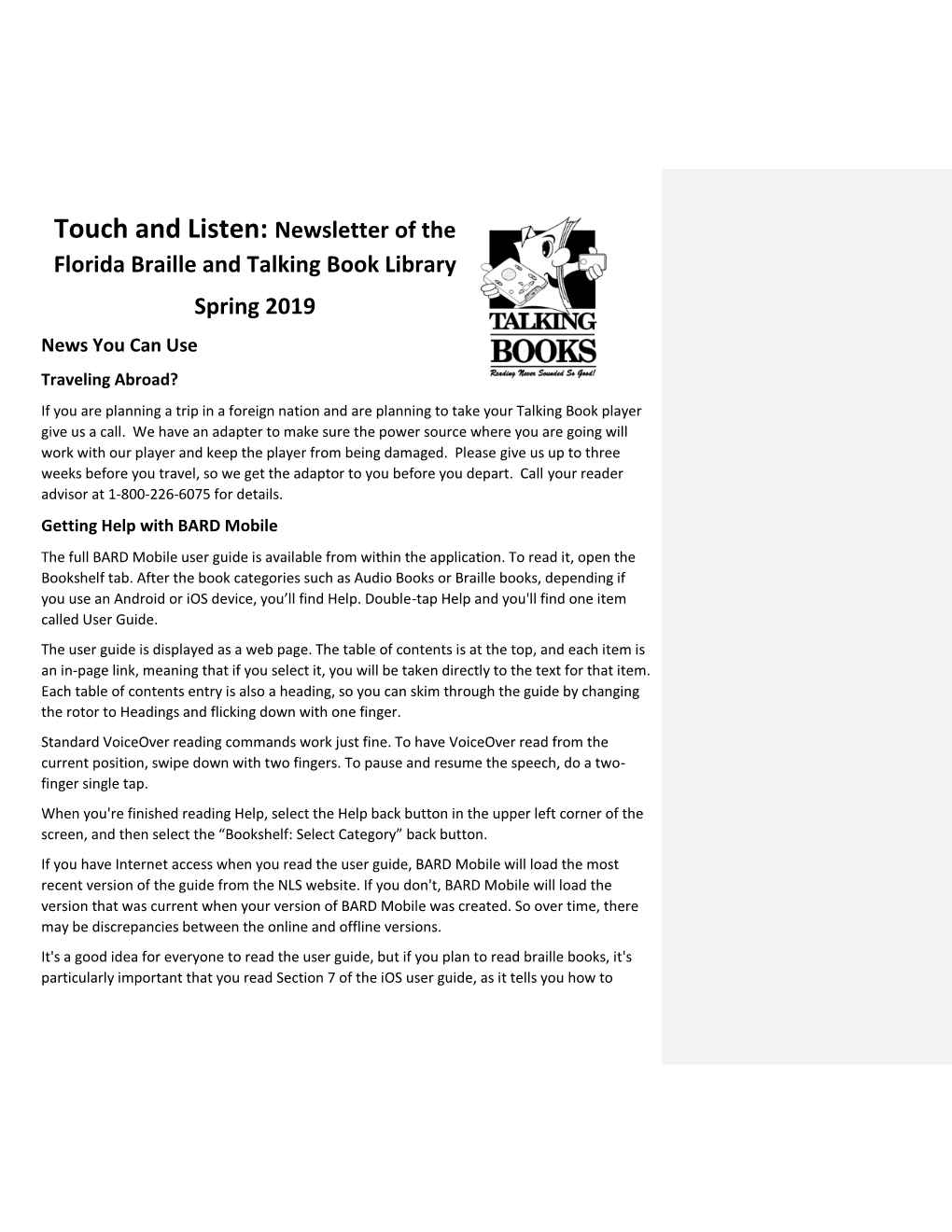 Touch and Listen: Newsletter of the Florida Braille and Talking Book