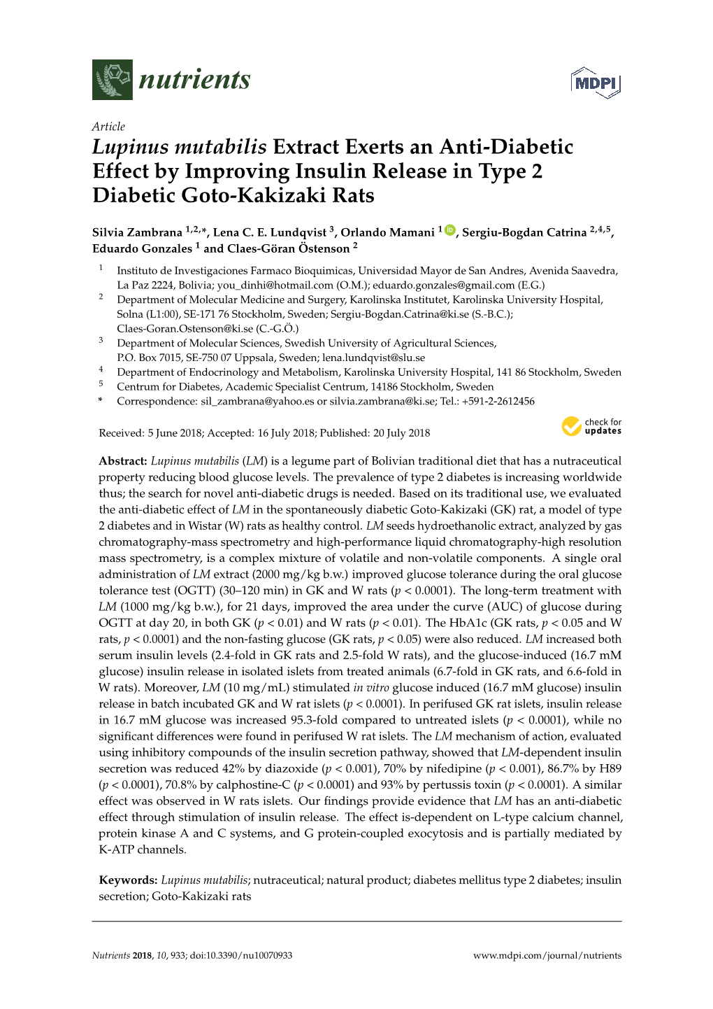 Lupinus Mutabilis Extract Exerts an Anti-Diabetic Effect by Improving Insulin Release in Type 2 Diabetic Goto-Kakizaki Rats