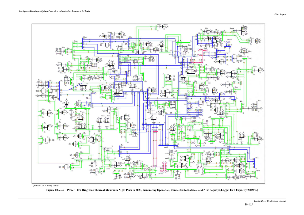 Figure 10.6.5-7 Power Flow Diagram (Thermal Maximum Night Peak in 2025, Generating Operation, Connected to Kotmale and New Polpitiya,Loggal Unit Capacity 200MW)