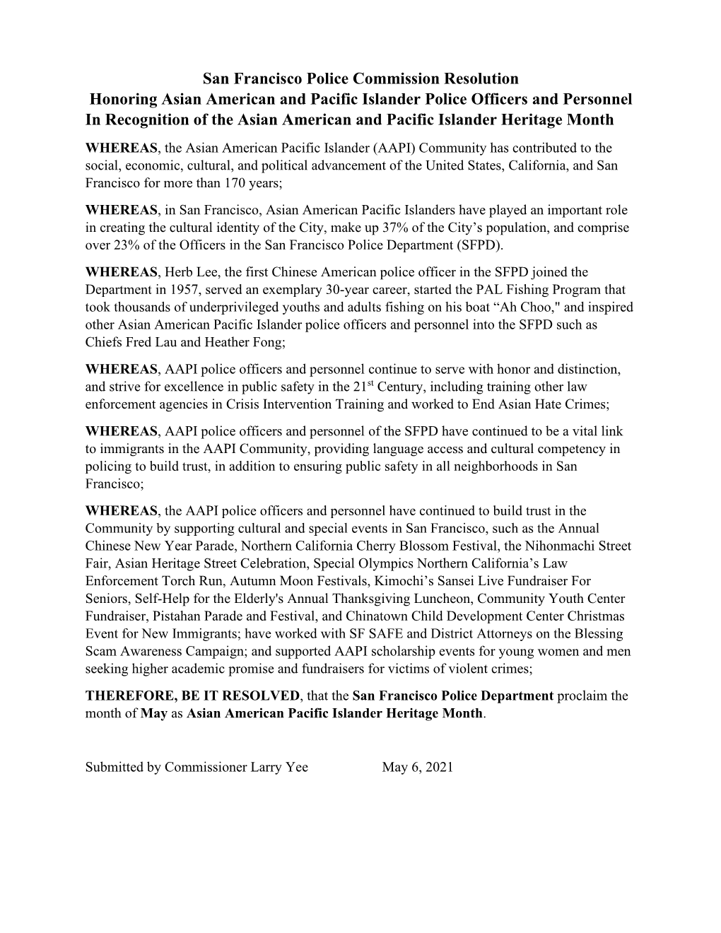 San Francisco Police Commission Resolution Honoring Asian American and Pacific Islander Police Officers and Personnel in Recog