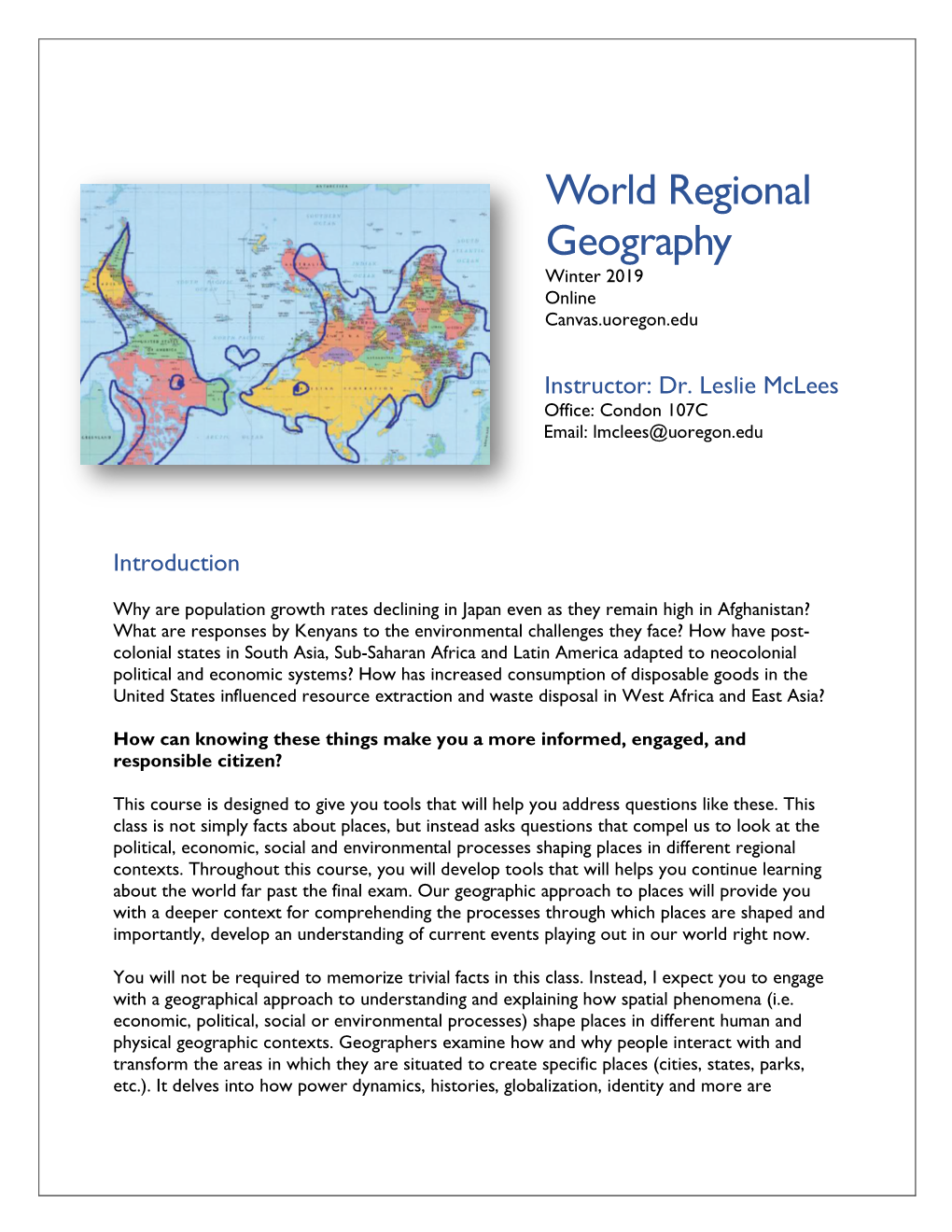 World Regional Geography Winter 2019 Online Canvas.Uoregon.Edu