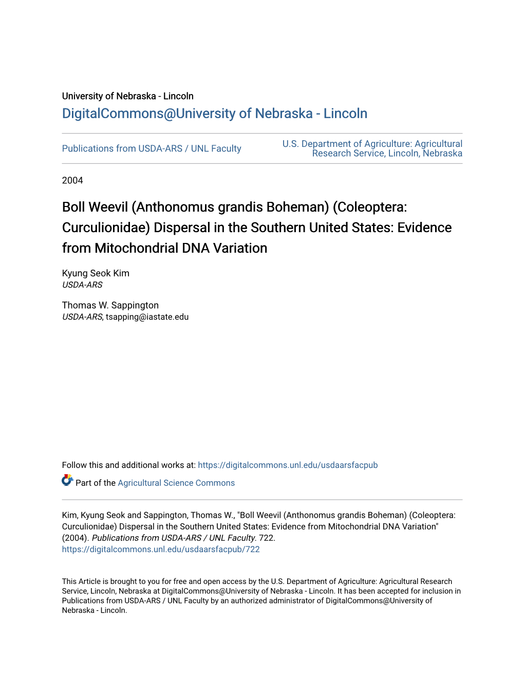 Boll Weevil (Anthonomus Grandis Boheman) (Coleoptera: Curculionidae) Dispersal in the Southern United States: Evidence from Mitochondrial DNA Variation