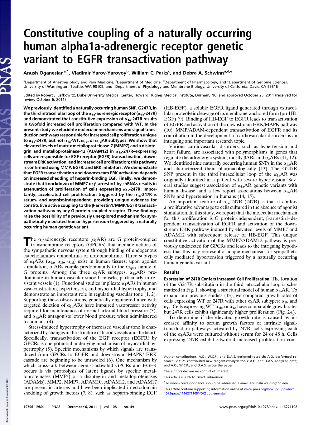 Constitutive Coupling of a Naturally Occurring Human Alpha1a-Adrenergic Receptor Genetic Variant to EGFR Transactivation Pathway